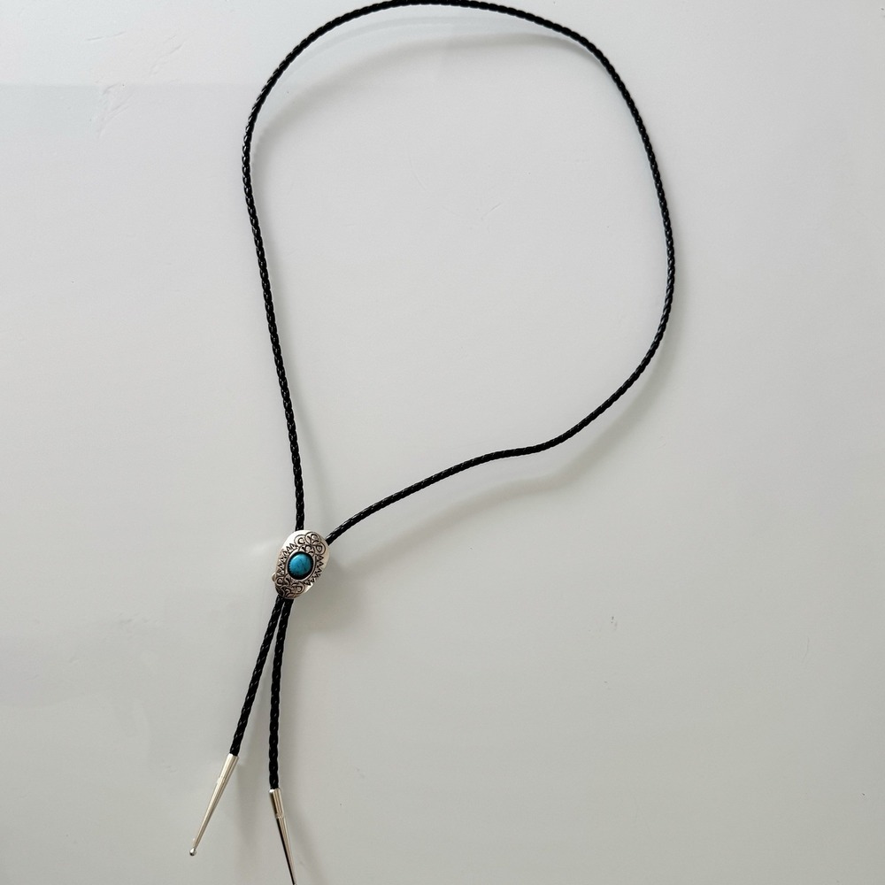 Navajo‎ Turquoise Bolo Tie Shadow Box Hand Stamped Skeets Sterling Native Amer - Picture 4 of 8